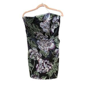 Marchesa Notte Womens Navy Sequined Floral Strapless Mini Dress Size 12